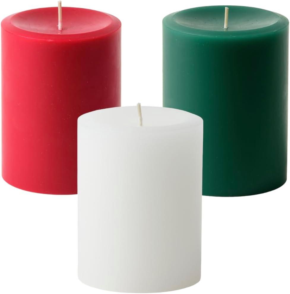 Holiday Collection: Assorted 3" x 4" Scented Pillar Candles - Red, Green, White (Mistletoe, Bayberry, Apples and Cinnamon Scents) - Handmade, Ideal Holiday Gift