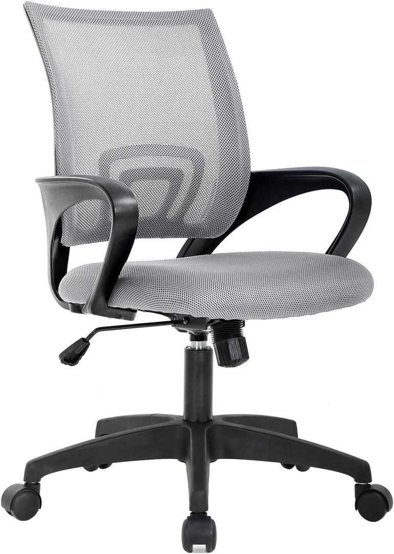 BestOffice | Ergonomic Office Chair | Mid-Back Swivel Desk Chair | Breathable Backrest & Lumbar Support | Adjustable Height | Sponge Seat | Rolling Wheels | Grey | for Adults & Women