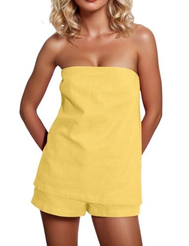 MISSACTIVER Women’s 2 Piece Lounge Set Linen Strapless Tube Top Backless Side Slit Button Casual Matching Shorts Sets, Size: Medium