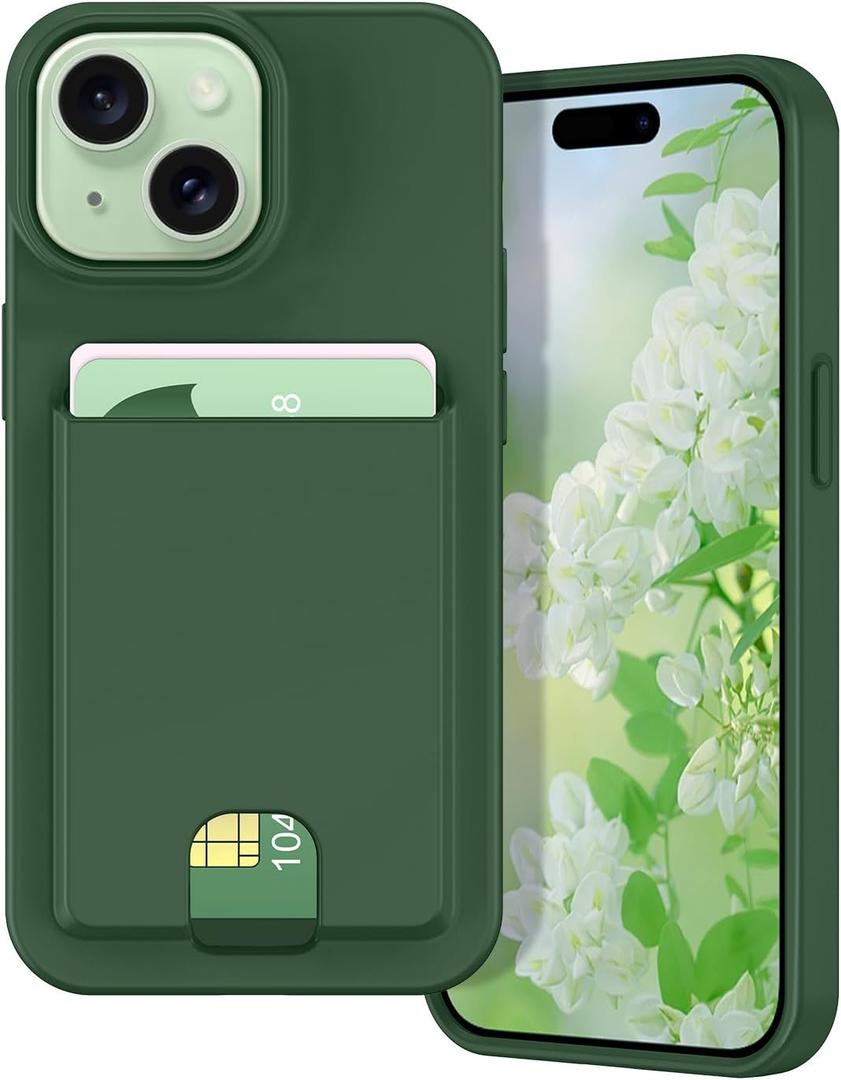 Petocase for iPhone 15 Wallet Case Card Holder Slot Slim Fit Flexible TPU Gel Rubber Soft Skin Silicone Protective Phone Case Cover for Apple iPhone 15 6.1 inch Deep Green