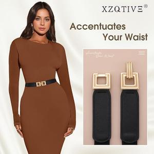 XZQTIVE Women Skinny Stretchy Cinch Belt for Dresses, Thin Elastic Belt Ladies Waist Belt with Retro Gold Buckle, 2.5*70