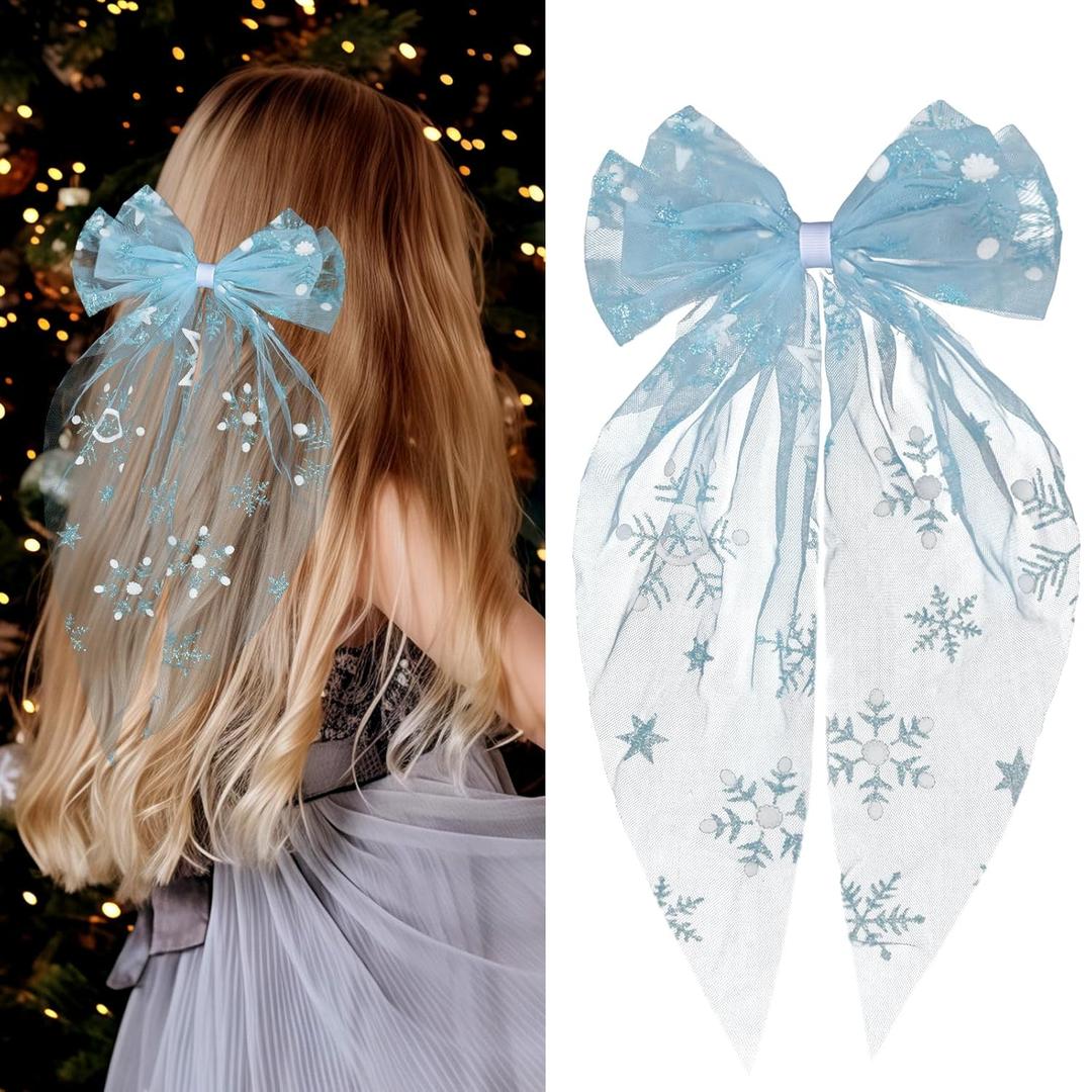 Snowflake Hair Bow Clips for Girls Winter Bow Clip for Women Blue Big Bow White Snowflake Hair Accessories for Christmas Party (Style1)