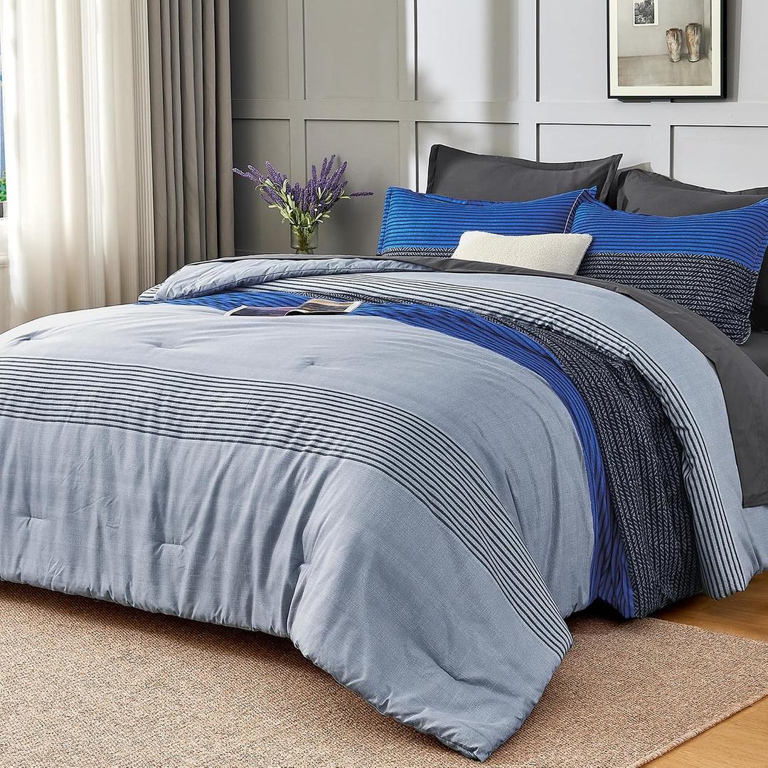 Oversized Queen Comforter Set, Blue Grey, 7 Pieces Bed in a Bag | Soft Lightweight Reversible Bedding Set(98"x98"), with Striped Comforter, Fitted & Flat Sheet, Pillowcases & Shams