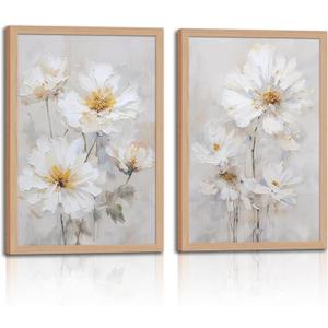 2pcs Framed Modern White Daisy Floral Wall Art -Watercolor Natural Beige Wildflower Canvas Painting -Elegant And Gentle Floral And Plant Artfor Living Room, Bedroom, Office Decor16x24in