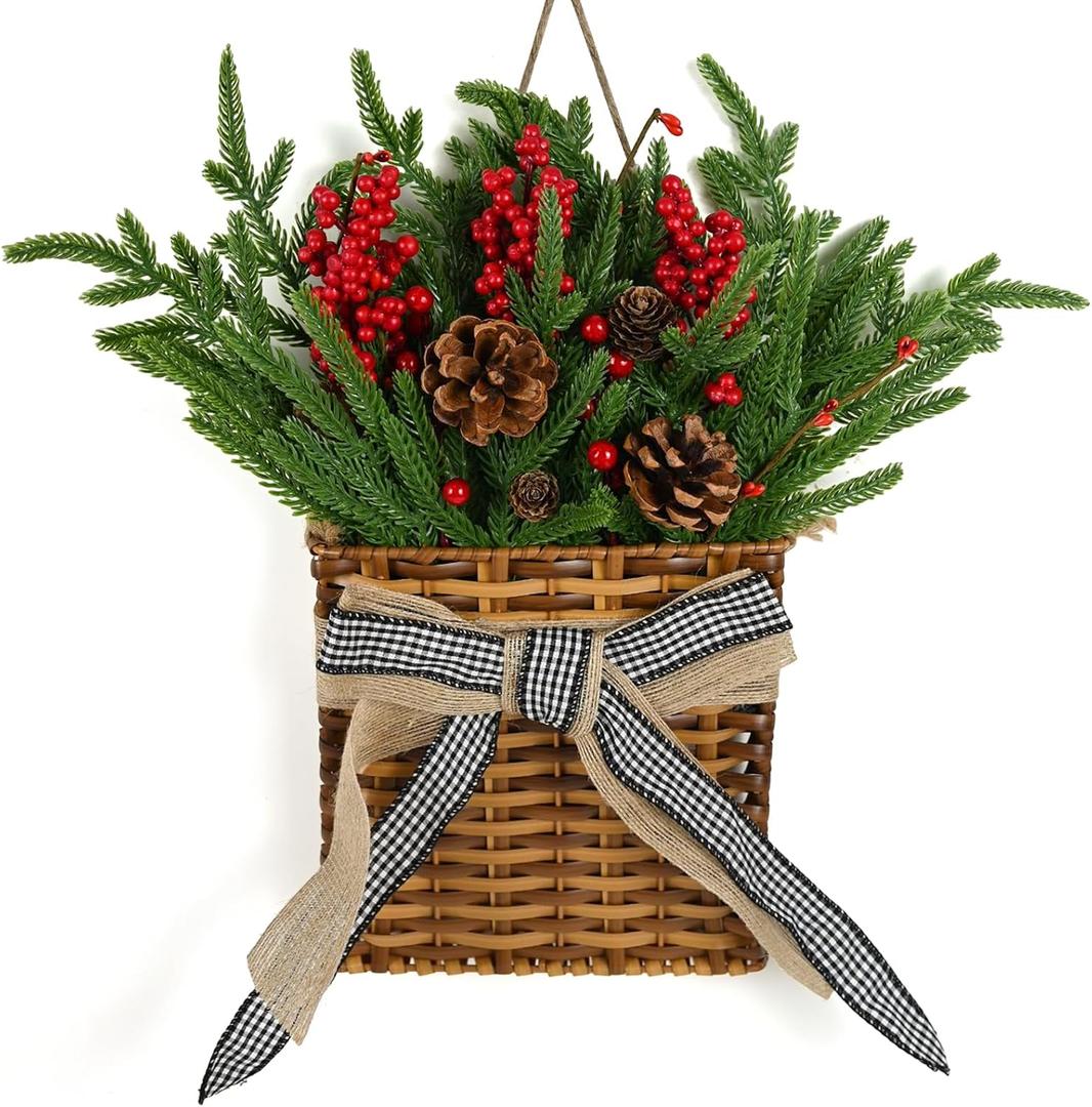 Christmas Door Hanger Basket Wreath, Artificial Hanging Basket Wreath for Front Door Norfolk Pine Wreathes with Red Berries & Pine Cones for Christmas Farmhouse Indoor Outdoor Decoration