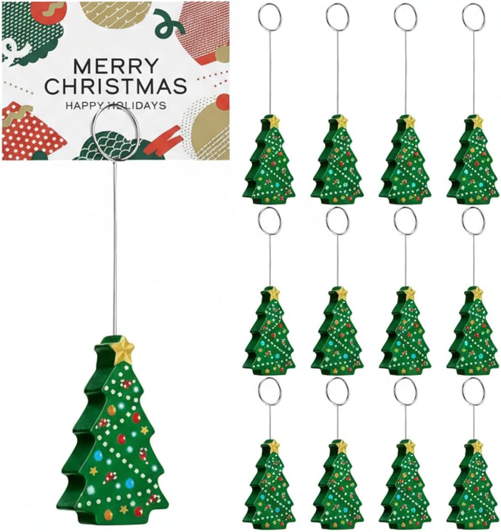 Weysat 12 Pcs Christmas Tree Place Card Holders Wooden Photo Balloon Place Card Holder Xmas Tree Table Number Photo Picture Sign Stands for Christmas Table Decor Holiday Party Favors