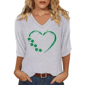 KISSMODA Tops for Women 3/4 Length Sleeves Loose V-Neck Boho T-Shirts Casual Sleeve Tunic Blouses Green Heart Clover