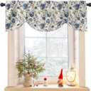 Blue Gray Spring Floral Tie Up Valance for Window, Vintage Botanical Adjustable Balloon Window Shade Valance Curtain for Kitchen Cafe Bathroom Window Treatment Panel 54''x18''