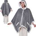 Sealy Heated Throw Wearable Shawl Wrap with Pockets, Reversible Flannel to Sherpa Electric Blanket Hoodie Poncho with 6 Heating Levels & 2-10 Hours Time Settings, 50 X 60 Inch, Light Grey