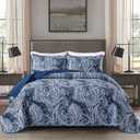 Navy Paisley Quilt Set Queen Size, Boho Bedspread Coverlet 3 Pieces Soft Lightweight Quilted Bedding Set, Microfiber Navy Blue Paisley Floral Pattern Bedding for All Season, 105"x88"