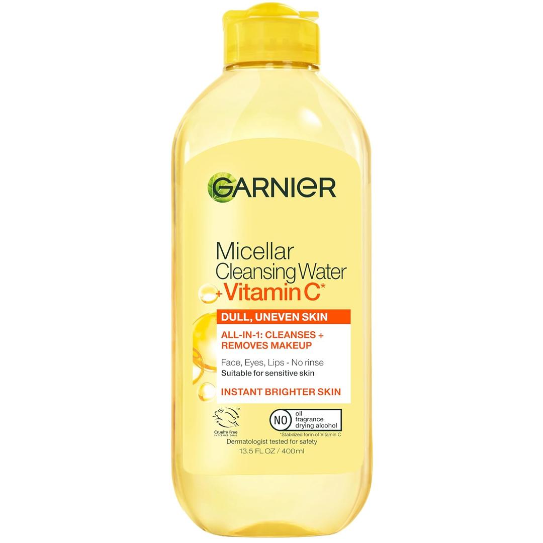 Garnier Micellar Water with Vitamin C, Facial Cleanser & Makeup Remover, Brightening & Hydrating, For All Skin Types, Vegan, Cruelty Free, 13.5 Fl Oz (400mL), 1 Count
