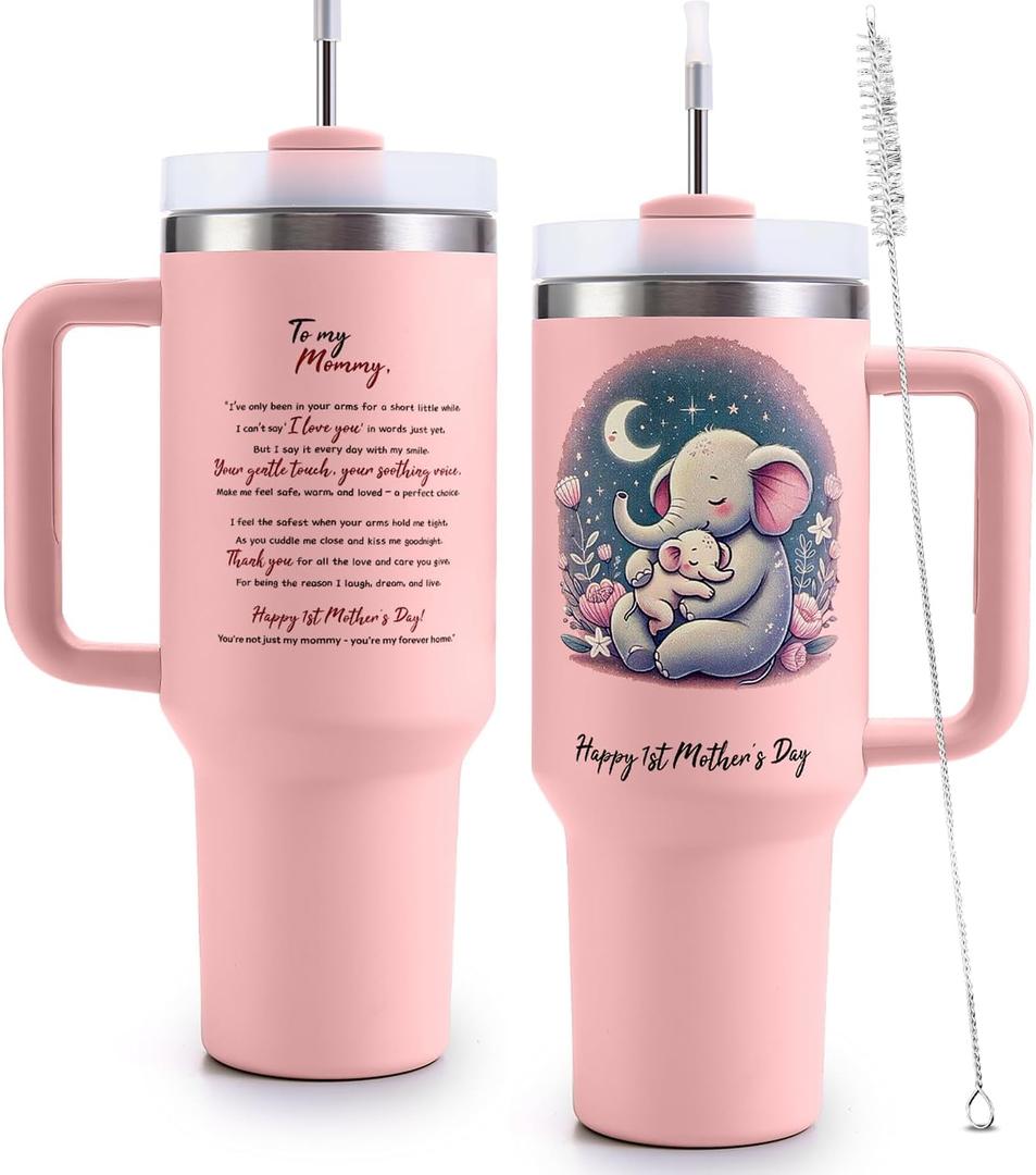 First Mothers Day Gifts  Happy 1st Mothers Day Tumbler 40oz  Stainless Steel Cup with Lid & Straw  Insulated Coffee Travel Mug for Mom-to-Be, Baby Shower Gifts, New Mom Present