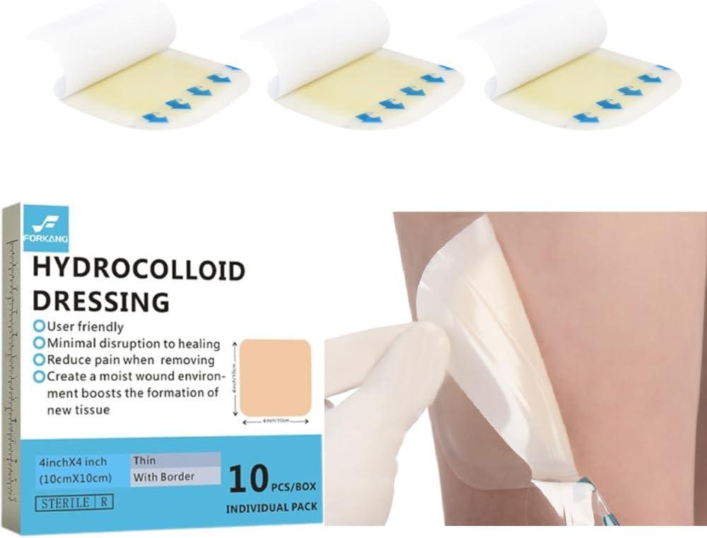 Hydrocolloid Wound Dressing, 10 Pack 4" x 4" with Border | Self-Adhesive Waterproof Bandage for Advanced Wound Care | Ideal for Leg Ulcers, Bedsores, Pressure Sores | Sterile & Hypoallergenic