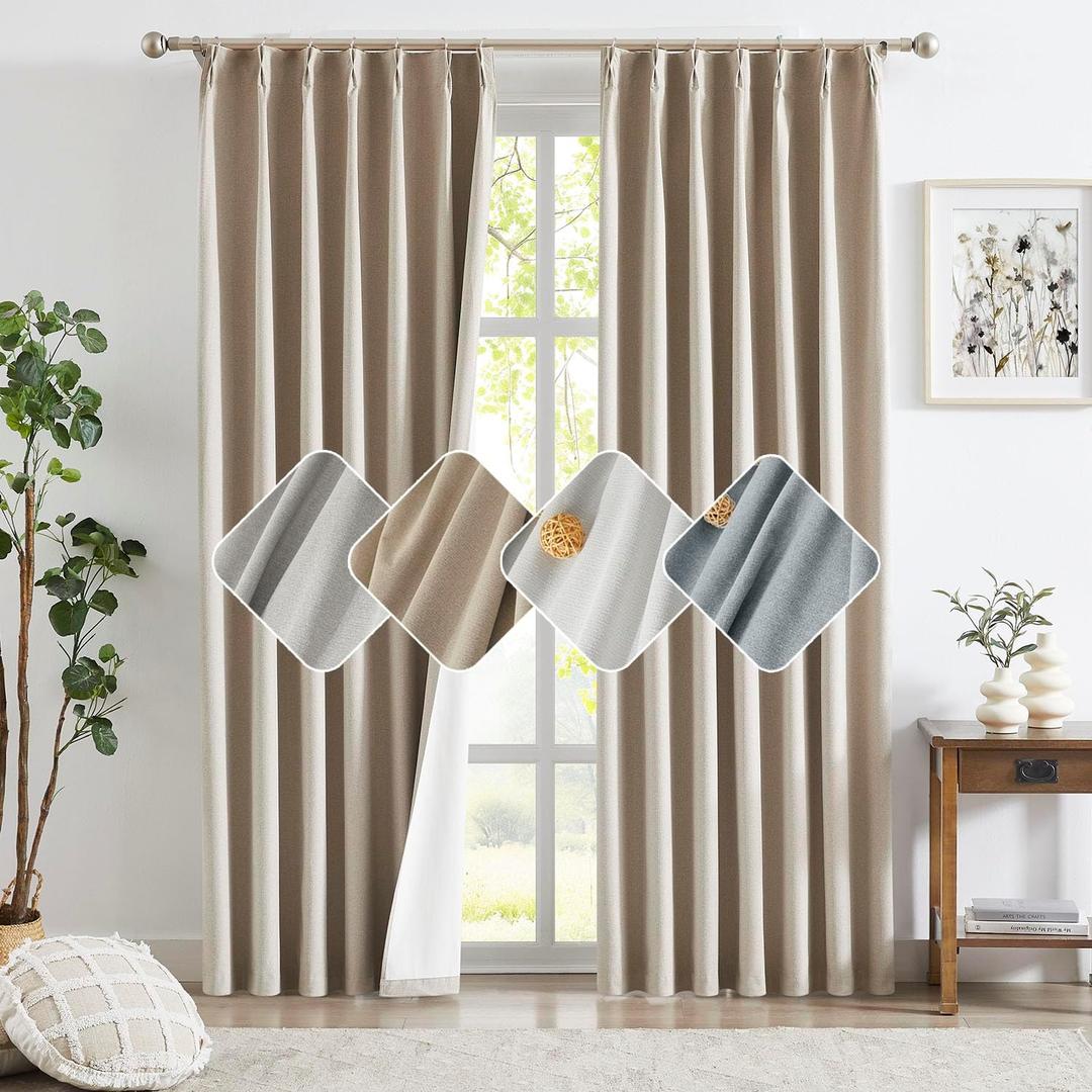 Randall Oatmeal Tan Textured Linen 100% Blackout Pinch Pleat Drape - Solid Color Modern Style Back Tab & Ring Hooks Thermal Insulated Curtains for Living Room, Dining & Bedroom 90 Inch Length 2 Panels