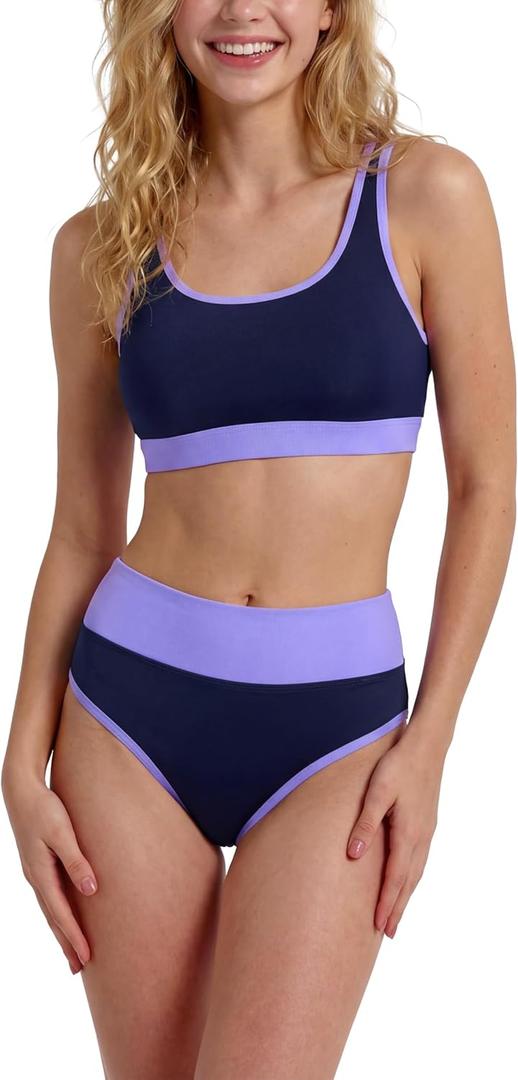 Period Swimwear Two Piece Leakproof Swimsuit Menstrual High Waist Bikini Sets Color Block Bathing Suit for Teen Girls, XS