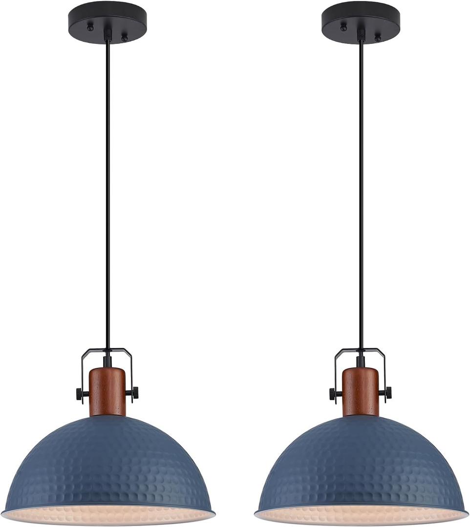 12 Inch Blue Pendant Lights Hammered Matte Pendant Lights for Kitchen Island Industrial Farmhouse Adjustable Height Dome Hanging Light Fixtures for Barn, Dining Room 2 Packs