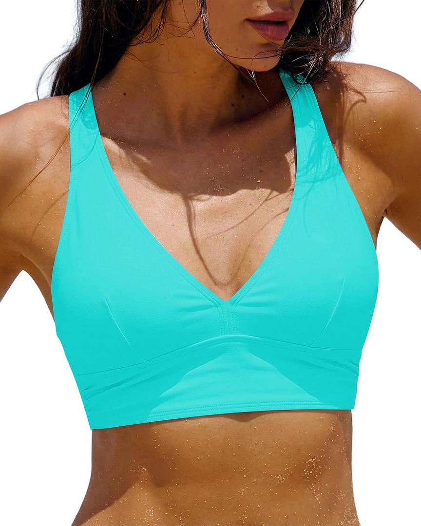 GRAPENT Bikini Top for Women V Neck Ruched Criss Cross Padded Beach Vacation Bathing Suit Modest Cute Swim Suit Top Only, M