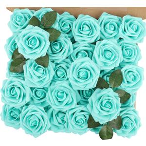 MACTING Artificial Flower Roses 30PCS Real Touch Fake Flowers with Stem Foam Roses for DIY Wedding Bouquets Table Centerpieces Party Baby Shower Home Summer Mothers Day Decoration (Mint Green)