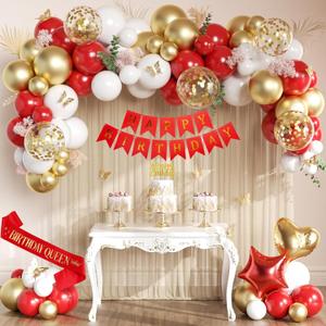 Red and Gold Birthday Party Decorations with Happy Birthday Banner, Red White Gold Confetti Balloons, Heart and Star Foil Balloons, Sash, Cake Topper for Women Girls Princess Party Supplies