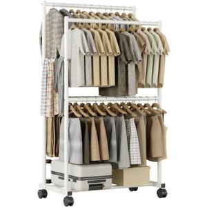 Clothes Rack 36.2" x 21.3" x 72", 4-Bar Double Rod Rolling Metal Clothing Rack for Hanging Clothes, Portable Garment Rack with Wheels for Bedroom Laundry, Closet Wardrobe, White
