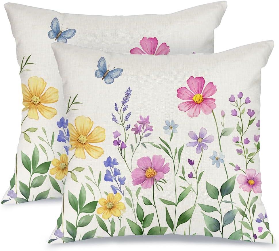 AACORS Spring Pillow Cover 18X18 Set of 2,Flower Butterfly Decorations Farmhouse Seasonal Summer Pillow Case Decor for Sofa Couch AA056-18-2