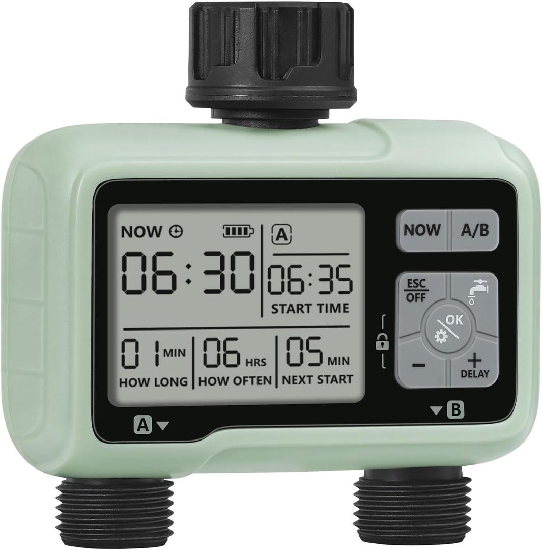 2 Zone Sprinkler Timer, Garden Hose Timer, Automatic Irrigation System, Programmable Faucet, 2 Outlets, with Rain Delay, Manual Mode,Child Lock, for Yard, Garden, Lawn Greenish Gray D12WT06