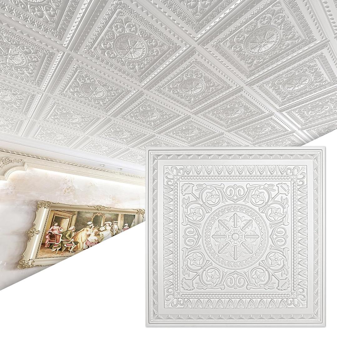 Art3d Drop Ceiling Tiles, Glue up Ceiling Tiles, 2'x2' Plastic Sheet in White (24-Pack, 96 Sq.ft), 24"x24"