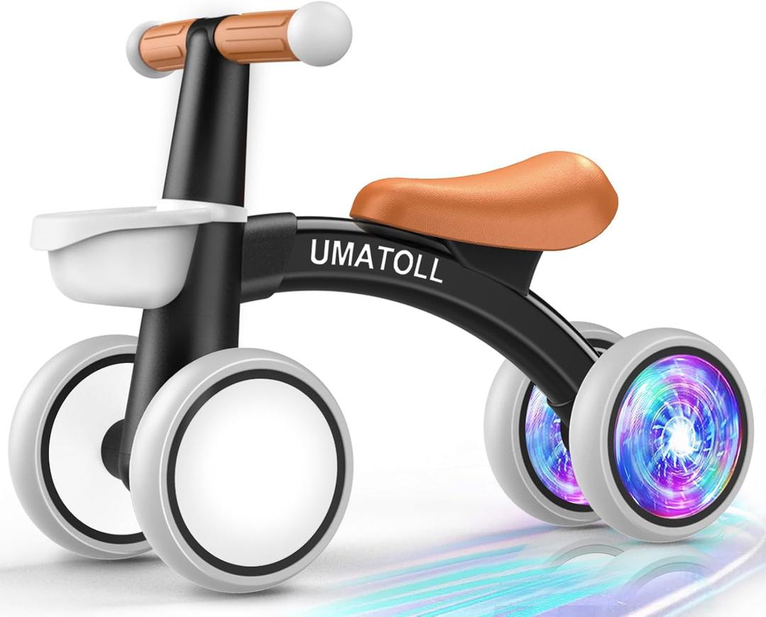 Umatoll Colorful Lighting Baby Balance Bike Toys for 1 Year Old Boys Gifts, Adjustable Seat Baby Walker, One Year Old Boy Birthday Gifts, 12-24 Months Toddler First Ride on Toys with Removable Basket (Black)