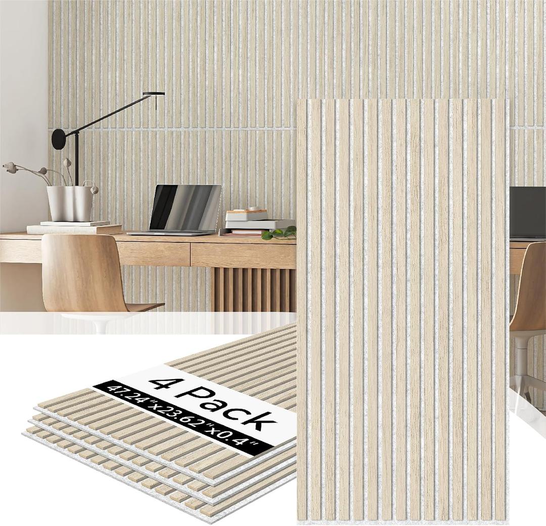 Olanglab Wood Slat Wall Panels 4 Pack, Acoustic Wall Panels, 47.24'' x 23.62" Each 3D Wall Panels for Interior Wall Decor (Light Oak-Grey Felt)