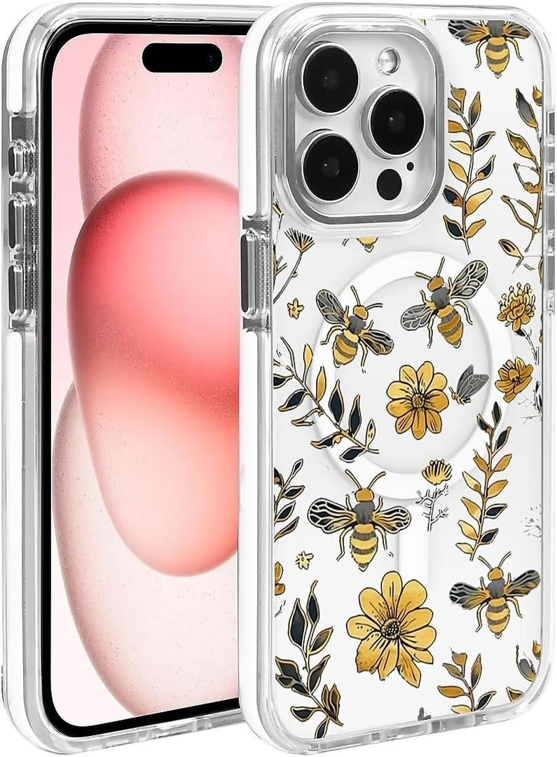 for iPhone 15 Pro Max Compatible with MagSafe Case, Clear with Vintage Yellow Bee Floral Pattern Shockproof Glossy Magnetic Protective Phone Case for iPhone 15 Pro Max