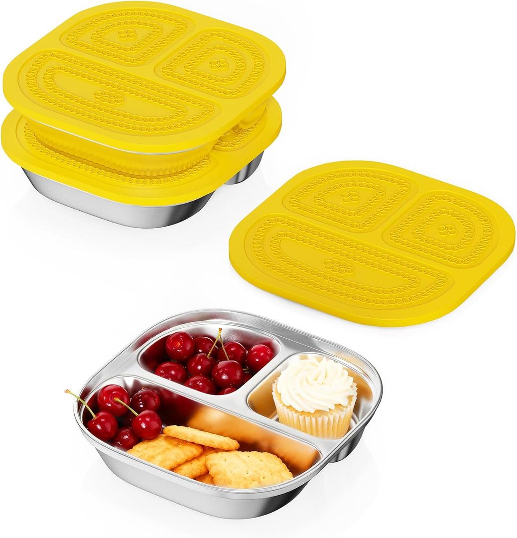 3 Pack Snack Containers,Lunch Box Containers,Food Grade Metal Base with a BPA Free Leakproof & Airtight Silicone Lid,Reusable Airtight Bento lunch Boxes, Kitchen Storage, Freezer (3 color) (Yellow)