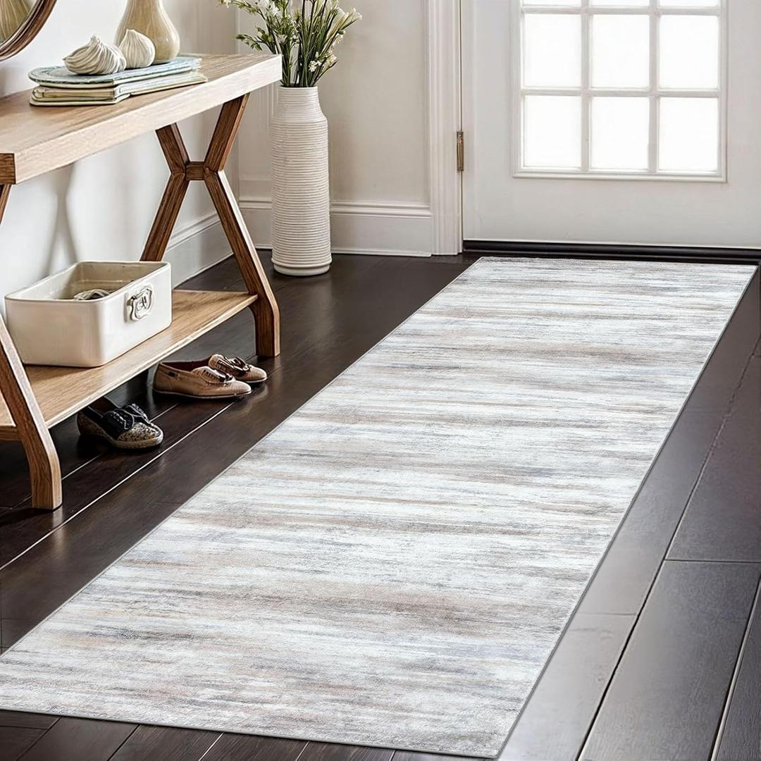 KOZYFLY Modern Abstract Kitchen Runner Rug, 2x6 Washable Rug Runner Non-Slip Soft Striped Hallway Runner Rugs, Beige Print Distressed Carpet Runner for Entryway Bathroom Laundry Room Foyer (Beige/Slate Pink)
