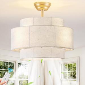 Boho Caged Ceiling Fan with Light and Remote, Gold Coastal Linen Fandelier, Medium
