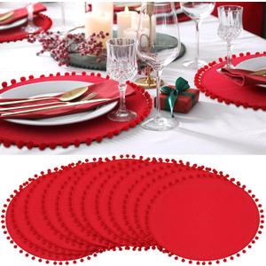 12 Pcs Red Placemats with Fluffy Balls Rustic Round Table Mats 15 Inch Burlap Round Placemats for Dining Kitchen Wedding Christmas Parties