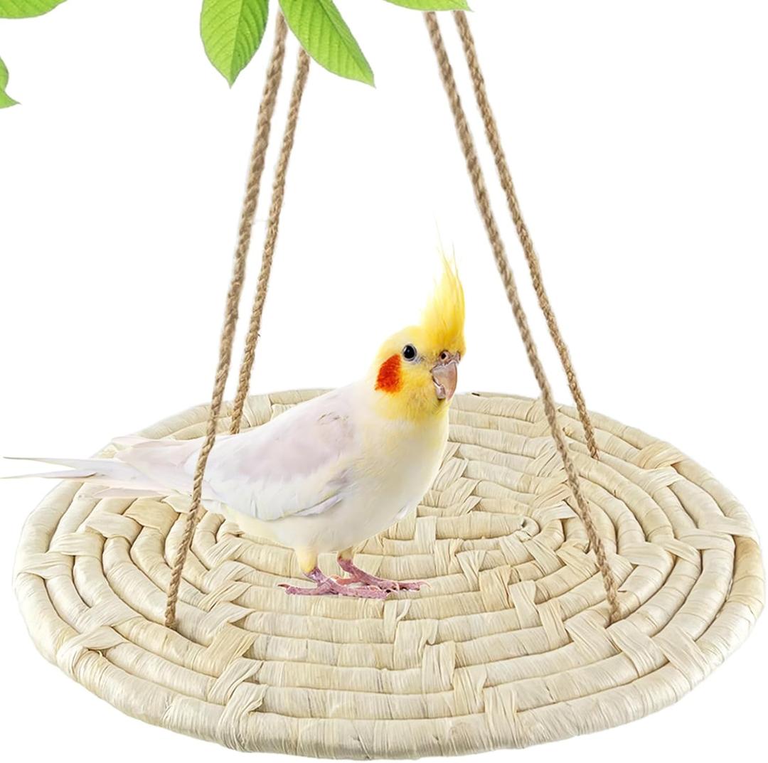FlidRunest Bird Swing Hammock Bed, Natural Corn Woven Parrot Hammock Swing Mat, Hanging Bird Climbing Perch Mat, Relieve Boredom Chewing Toy for Birds Parakeets Lovebirds Cockatiels Conure, Yellow