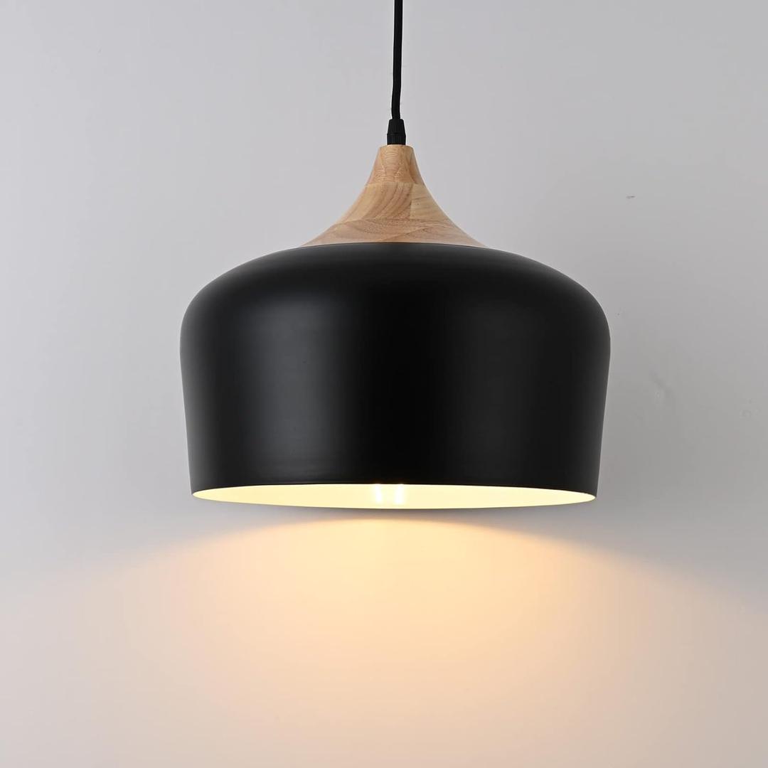 11.8 inch Black Industrial Pendant Light, Adjustable Wood Ceiling Hanging Lighting with Dome Metal Shade,Farmhouse Minimalist Lamp for Kitchen Island,Dining Room,Bar, Bedroom,Hallway