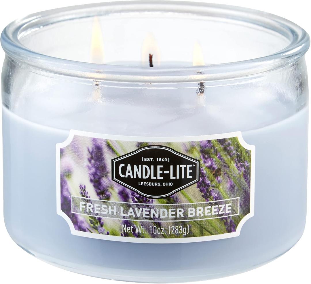 Candle-lite Scented Candles, Fresh Lavender Breeze Fragrance, One 10 oz. Three Wick Aromatherapy Candle with 20-40 Hours of Burn Time, Light Purple Color, Pack of 4 