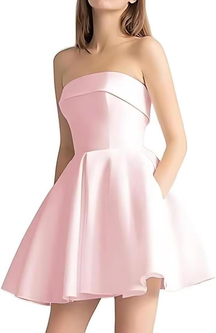 Womens Satin Short Bridal Shower Dresses Strapless Prom Party Gowns for Women ZP003 (Pink), Size 0