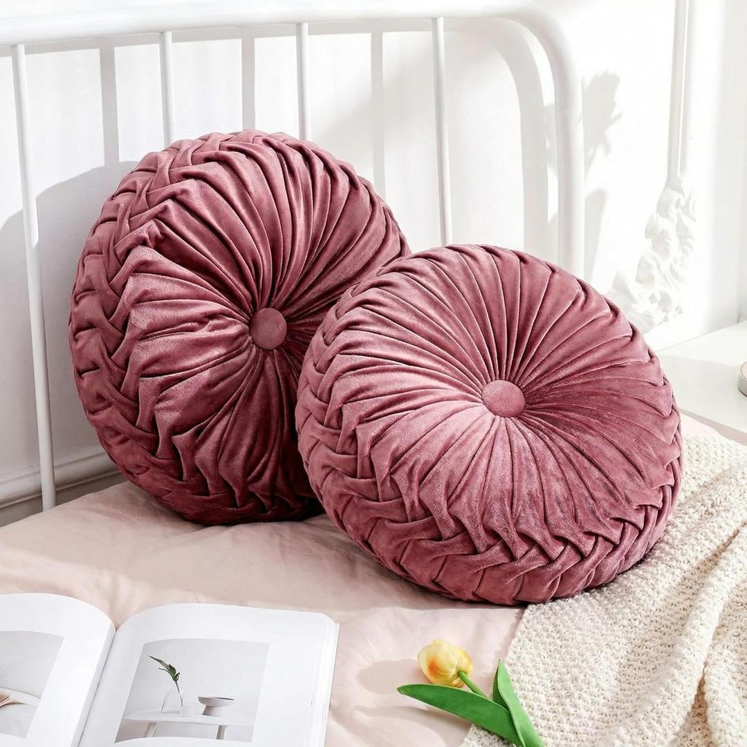 Drydiet 2 Pcs Round Throw Velvet Pillows Decorative Pleated Throw Pillows 15'' Diameter Accent Pumpkin Boho Chair Cushion for Couch Sofa Home Decoration (Dusty Rose)