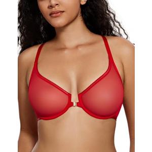 Deyllo Women's Front Closure Plunge Underwire Bra Mesh Unlined Racerback Bra for Everyday Wear, Red, 75D