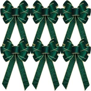 Lenwen 6 Pcs Large Christmas Bows Velvet Christmas Wreath Bows Christmas Tree Topper Bow with Golden Edge Big Xmas Ornament for Wreath Gift Home Front Door Decor (Green,11 x 19.6 Inch)