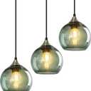 Gray Green Glass Pendant Lights Kitchen Island Lighting Globe Pendant Light Fixtures Modern Pendant Lighting for Kitchen Island Bedroom Living Dining Room Light Fixture (5.9in, Pack of 3)