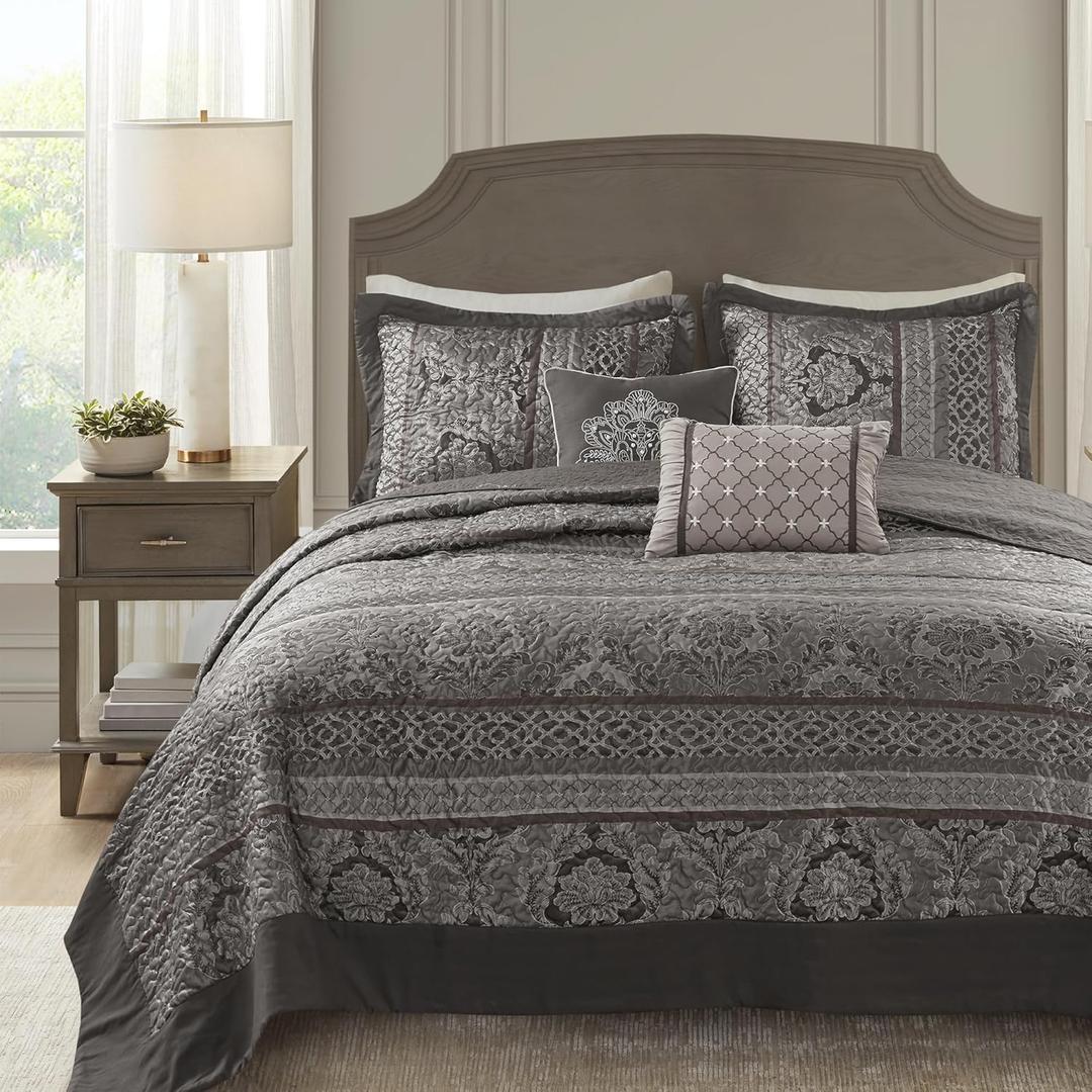 Madison Park Traditional Damask Design All Season, Lightweight Coverlet Bedspread Bedding Set, Matching Shams, Pillows, (120"x118"), Bellagio, Jacquard Grey, 5 Piece (Oversized King)