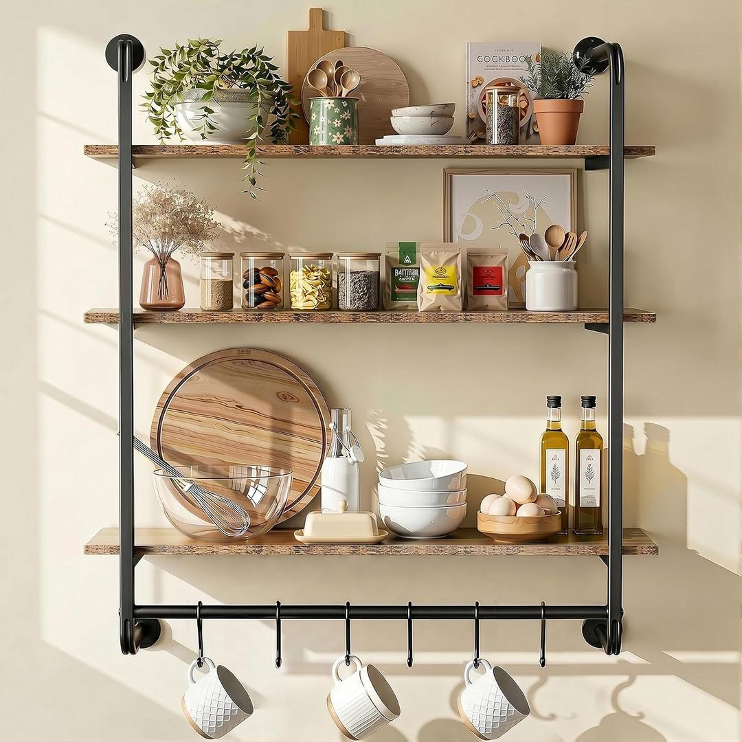 3 Tier Industrial Pipe Floating Shelf, 31.5" Kitchen Wall Shelves, 31.5 Inch3 Tier