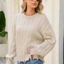 Women's Distressed Cable Knit Sweaters 2025 Oversized Casual Pullover Tops (Beige, M)