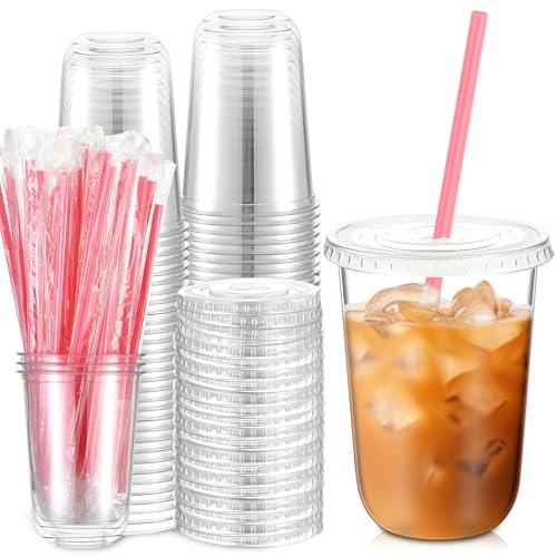Ziliny 50 Sets Clear Plastic Cups with Heart Shaped Straws and Lids, Disposable Iced Coffee Cups Drinking Pet for Cold Drinks, Valentine's Galentine's Day Bridal Baby Showers Party (16 oz,Clear)