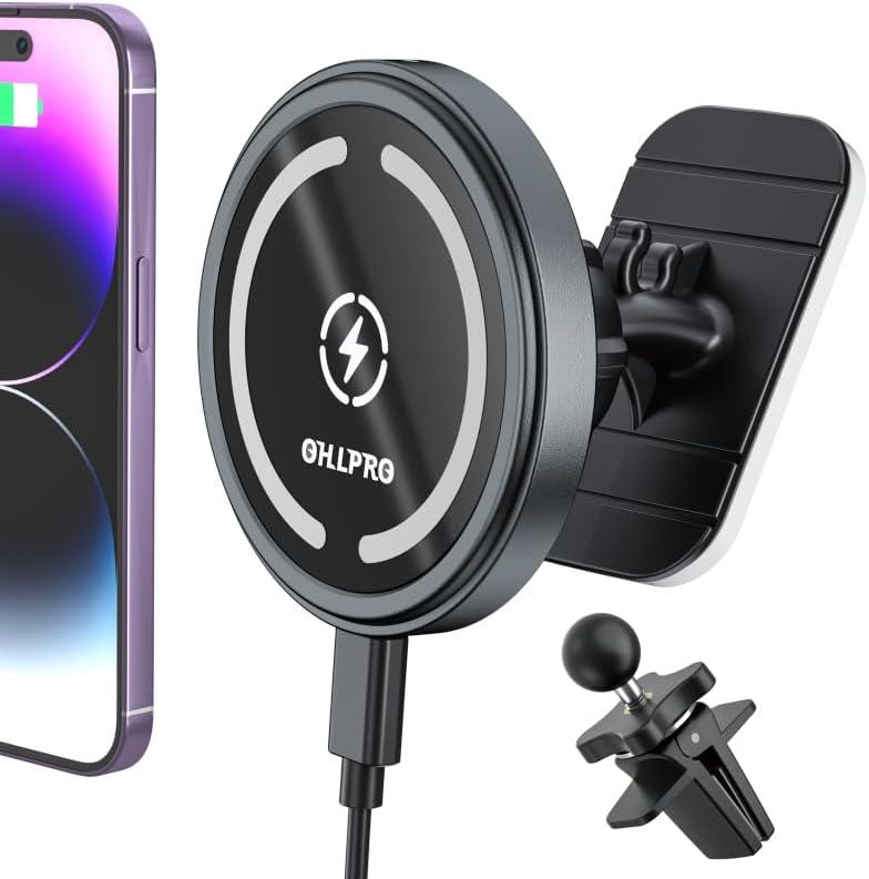 OHLPRO for MagSafe Car Mount Charger iPhone Wireless Car Charger, Stick on Dashboard Magnetic Phone Holder Mount for iPhone 16 Pro Plus Max 15 14 13 12 Series, 15W Fast Charging, Aluminum Shell (Dark Gray)