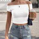 FOMELY Polka Dot Top Off The Shoulder Short Crop Shirts Going Out Blouse (White)