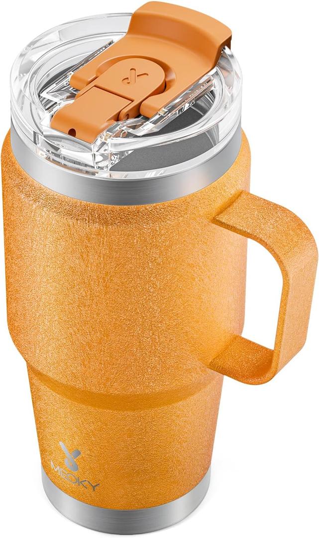 Meoky 24oz Travel Mug, Triple Insulated Stainless Steel Tumbler with Handle and 2-in-1 Straw and Sip Lid, 100% Leak Proof, Keeps Cold for 24 Hours or Hot for 8 Hours, Cupholder Friendly (Maple)