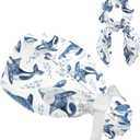 Scrub Caps Women Nursing Hats with Button, Adjustable Working Cap with Ponytail Pouch Scrunchy and Ribbon Tie for Women,